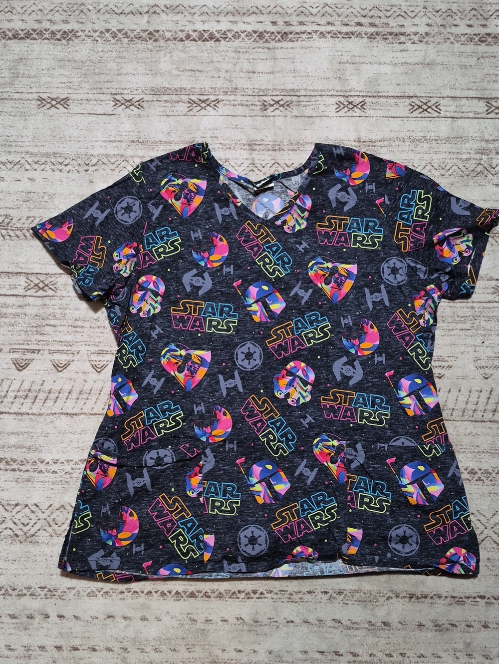 Star Wars Black Short Sleeve Scrub Tee with Neon Multi-Color Logos